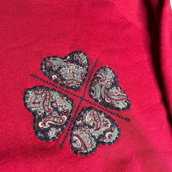 Vintage 90s Fruit of the Loom Red Sweatshirt XL USA Made Paisley Heart Patchwork - Picture 7 of 10